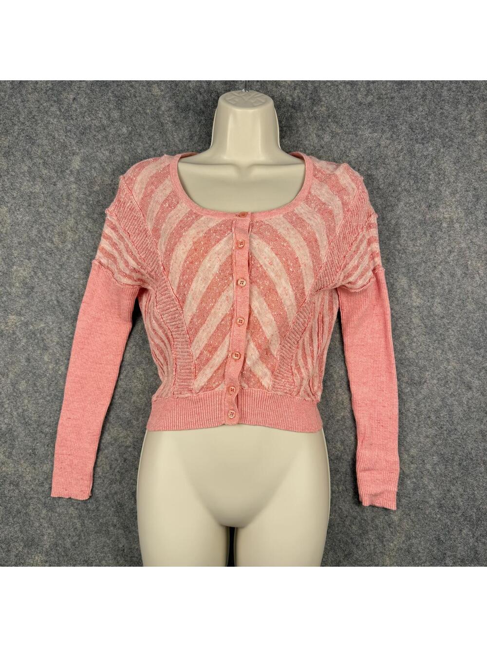 Free People Cropped Cardigan Lightweight Sweater Slub Raw Seams Coral XS 355